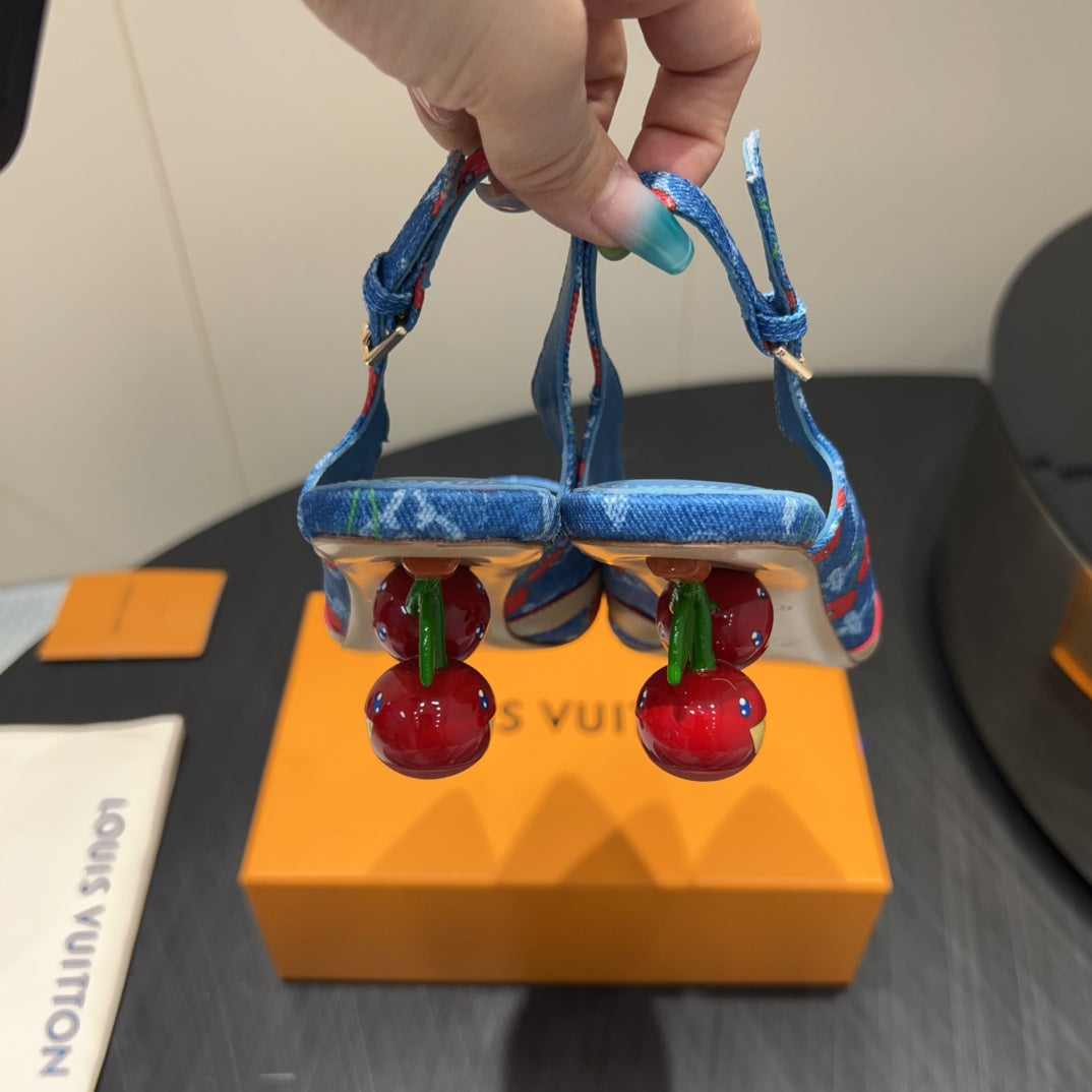 LV HIGH SLINGBACK LOGO AND CHERRY PRINT 25S 55MM IN BLUE DENIM