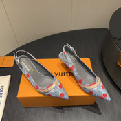LV HIGH SLINGBACK LOGO AND CHERRY PRINT 25S 55MM IN GREY DENIM