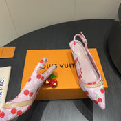 LV HIGH SLINGBACK LOGO AND CHERRY PRINT 25S 55MM IN LIGHT PINK DENIM