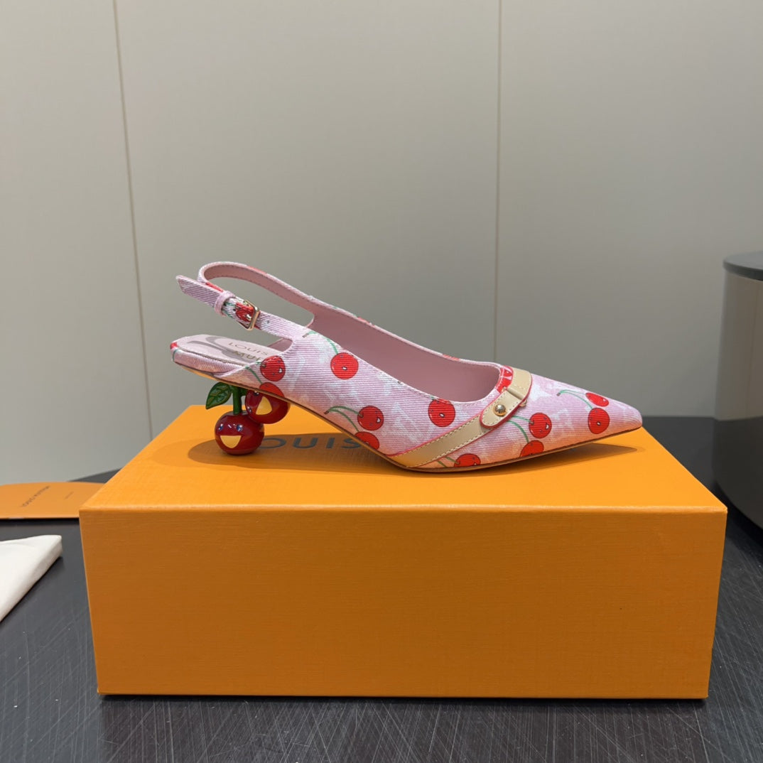 LV HIGH SLINGBACK LOGO AND CHERRY PRINT 25S 55MM IN LIGHT PINK DENIM