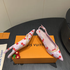 LV HIGH SLINGBACK LOGO AND CHERRY PRINT 25S 55MM IN LIGHT PINK DENIM