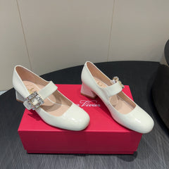 ROGER VIVIER 25S TRÈS VIVIER 50MM IN IVORY CALFSKIN WITH RHINESTONE BUCKLE