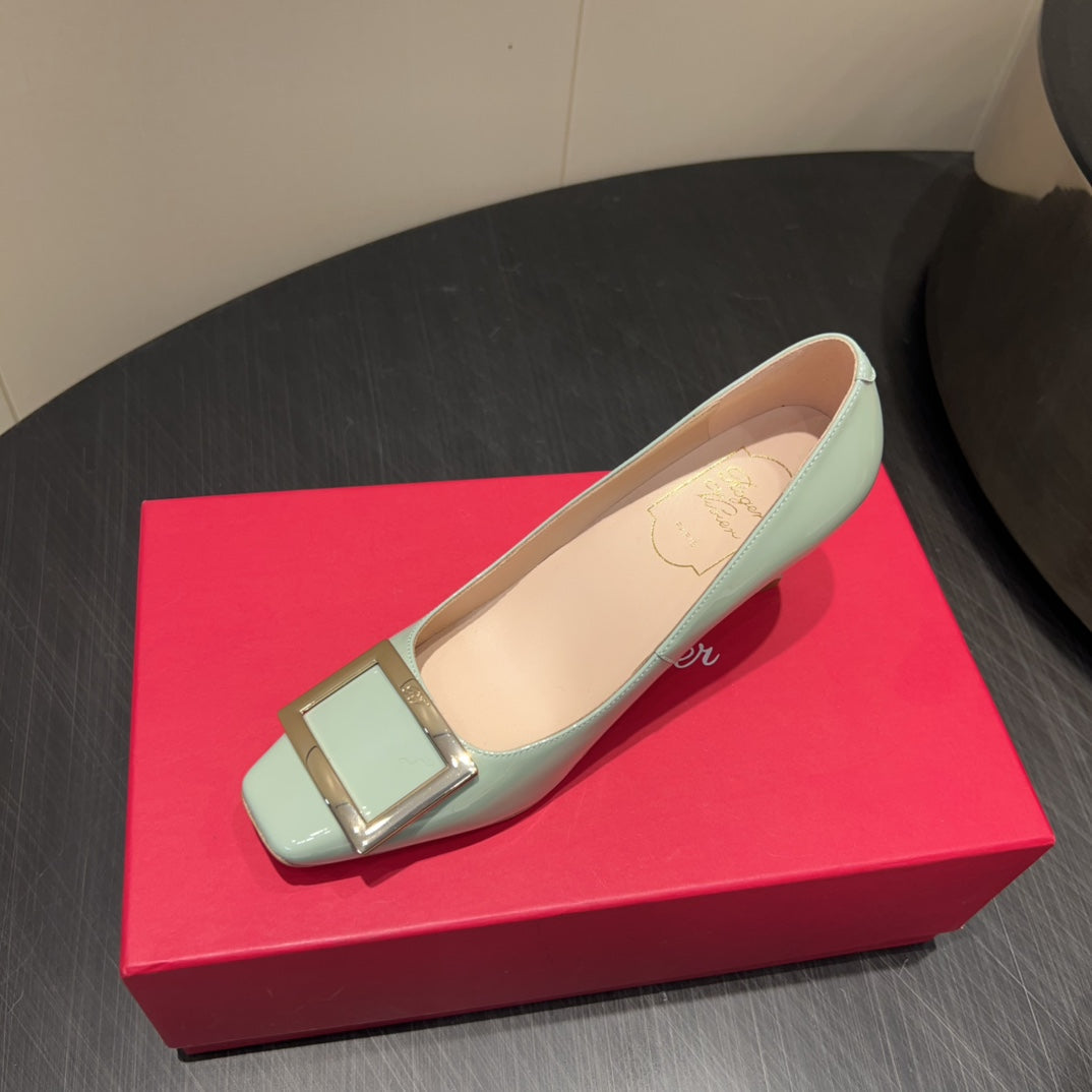 ROGER VIVIER 25S BELLE VIVIER PUMPS 70MM IN PALE MINT GREEN CALFSKIN GOLD BUCKLE