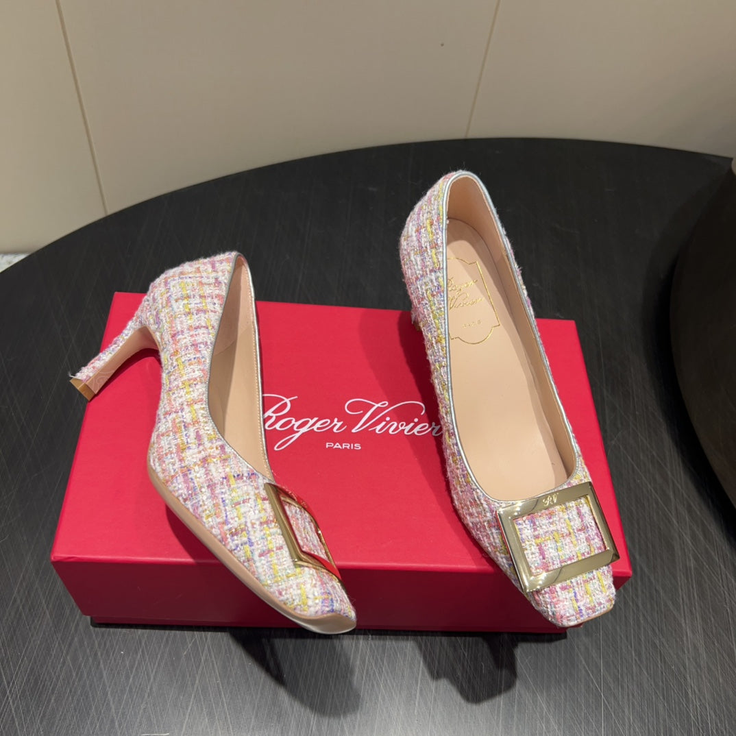 ROGER VIVIER 25S TROMPETTE SQUARE TOE HIGH HEELS 70MM IN PINK TWEED