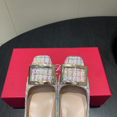 ROGER VIVIER 25S TROMPETTE SQUARE TOE HIGH HEELS 70MM IN PINK TWEED