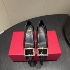 ROGER VIVIER 25S BELLE VIVIER PUMPS 45MM IN BLACK CALFSKIN GOLD BUCKLE
