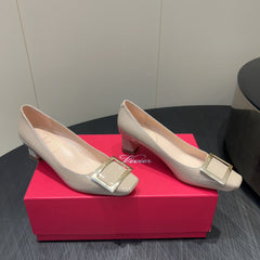 ROGER VIVIER 25S BELLE VIVIER PUMPS 45MM IN NUDE CALFSKIN GOLD BUCKLE