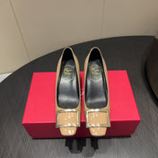 ROGER VIVIER 25S BELLE VIVIER PUMPS 45MM IN BEIGE CALFSKIN GOLD BUCKLE