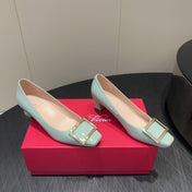 ROGER VIVIER 25S BELLE VIVIER PUMPS 45MM IN PALE MINT GREEN CALFSKIN GOLD BUCKLE