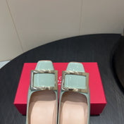 ROGER VIVIER 25S BELLE VIVIER PUMPS 45MM IN PALE MINT GREEN CALFSKIN GOLD BUCKLE