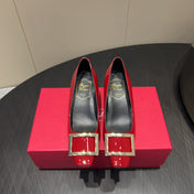ROGER VIVIER 25S BELLE VIVIER PUMPS 45MM IN CRIMSON RED CALFSKIN GOLD BUCKLE