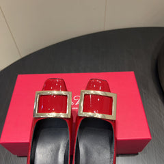ROGER VIVIER 25S BELLE VIVIER PUMPS 45MM IN CRIMSON RED CALFSKIN GOLD BUCKLE