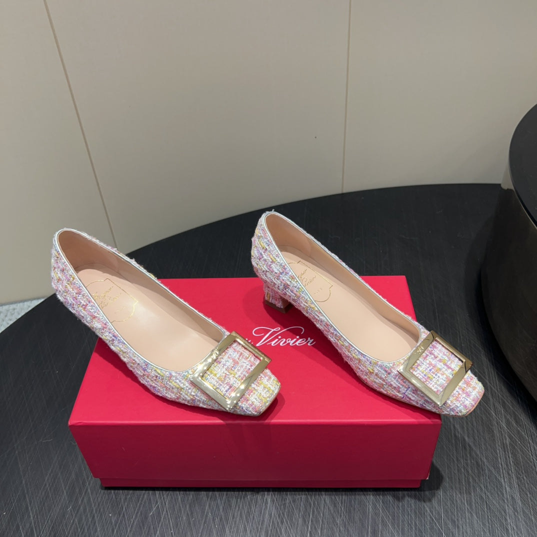 ROGER VIVIER 25S TROMPETTE SQUARE TOE HIGH HEELS 45MM IN PINK TWEED