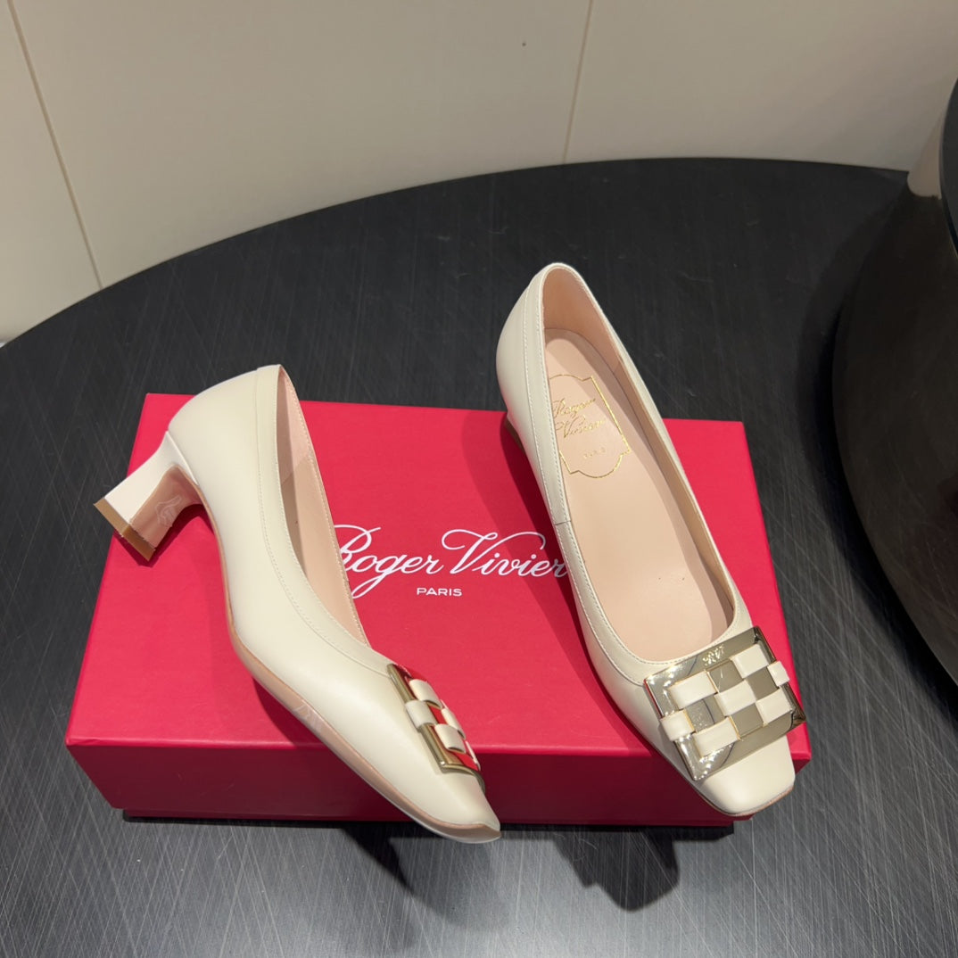 ROGER VIVIER 25S TROMPETTE SQUARE TOE HIGH HEELS 45MM IN IVORY SHINY CALFSKIN