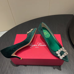 ROGER VIVIER 25S POINTED TOE HIGH HEELS 70MM IN TEAL GREEN VELVET EMBELLISHED CRYSTALS