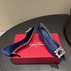 ROGER VIVIER 25S POINTED TOE HIGH HEELS 70MM IN DARK BLUE VELVET EMBELLISHED CRYSTALS