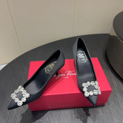 ROGER VIVIER 25S POINTED TOE HIGH HEELS 70MM IN BLACK SILK EMBELLISHED CRYSTALS