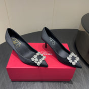 ROGER VIVIER 25S POINTED TOE HIGH HEELS 70MM IN BLACK SILK EMBELLISHED CRYSTALS