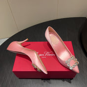 ROGER VIVIER 25S POINTED TOE HIGH HEELS 70MM IN BABY PINK SILK EMBELLISHED CRYSTALS