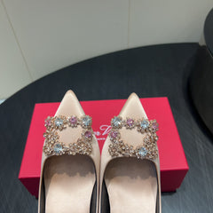 ROGER VIVIER 25S POINTED TOE HIGH HEELS 70MM IN DARK NUDE SILK EMBELLISHED CRYSTALS