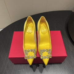 ROGER VIVIER 25S POINTED TOE HIGH HEELS 70MM IN BRIGHT YELLOW SILK EMBELLISHED CRYSTALS