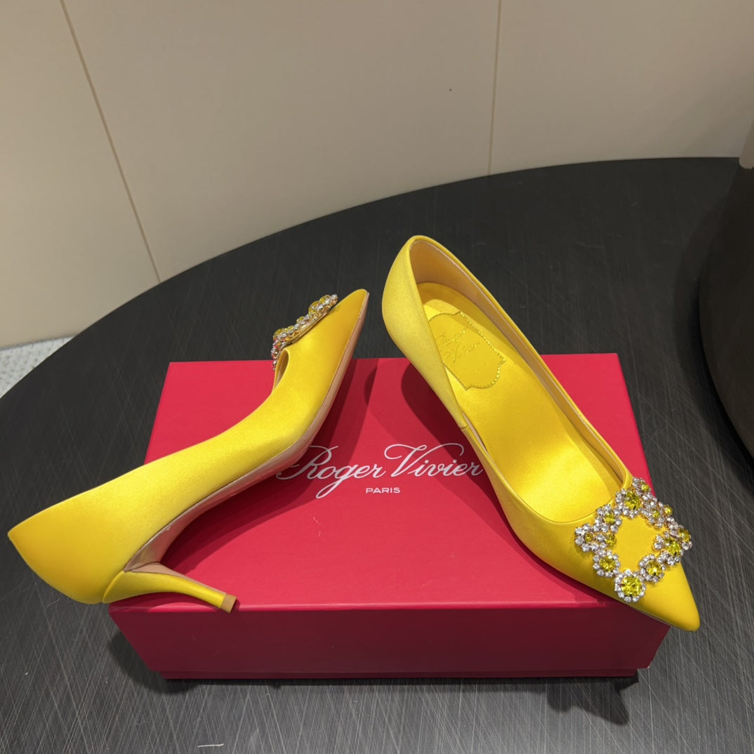 ROGER VIVIER 25S POINTED TOE HIGH HEELS 70MM IN BRIGHT YELLOW SILK EMBELLISHED CRYSTALS
