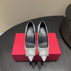 ROGER VIVIER 25S POINTED TOE HIGH HEELS 70MM IN BLING SILVER EMBELLISHED CRYSTALS