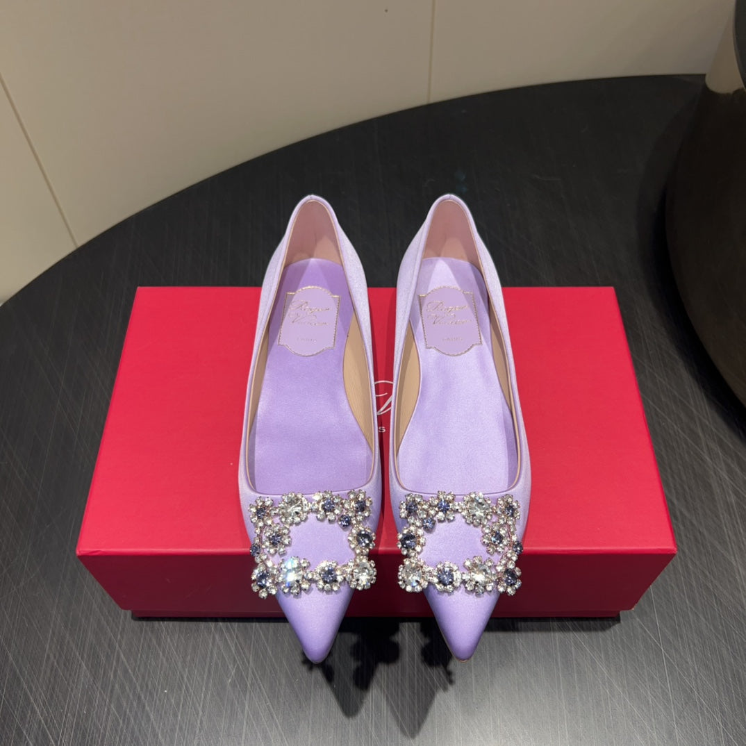 ROGER VIVIER 25S GRETE BALLET FLATS IN LAVENDER SILK WITH EMBELLISHED CRYSTALS