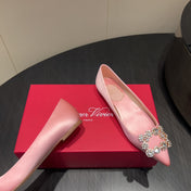 ROGER VIVIER 25S GRETE BALLET FLATS IN BABY PINK SILK WITH EMBELLISHED CRYSTALS