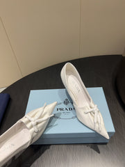 PRADA 25S POINTED TOE HIGH HEELS 85MM IN IVORY LAMBSKIN WITH TIE UP DESIGN