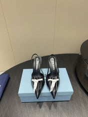 PRADA 25S POINTED TOE SLINGBACK 85MM IN BLACK LAMBSKIN WITH TIE UP DESIGN