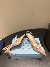 PRADA 25S POINTED TOE SLINGBACK 85MM IN BEIGE LAMBSKIN WITH TIE UP DESIGN