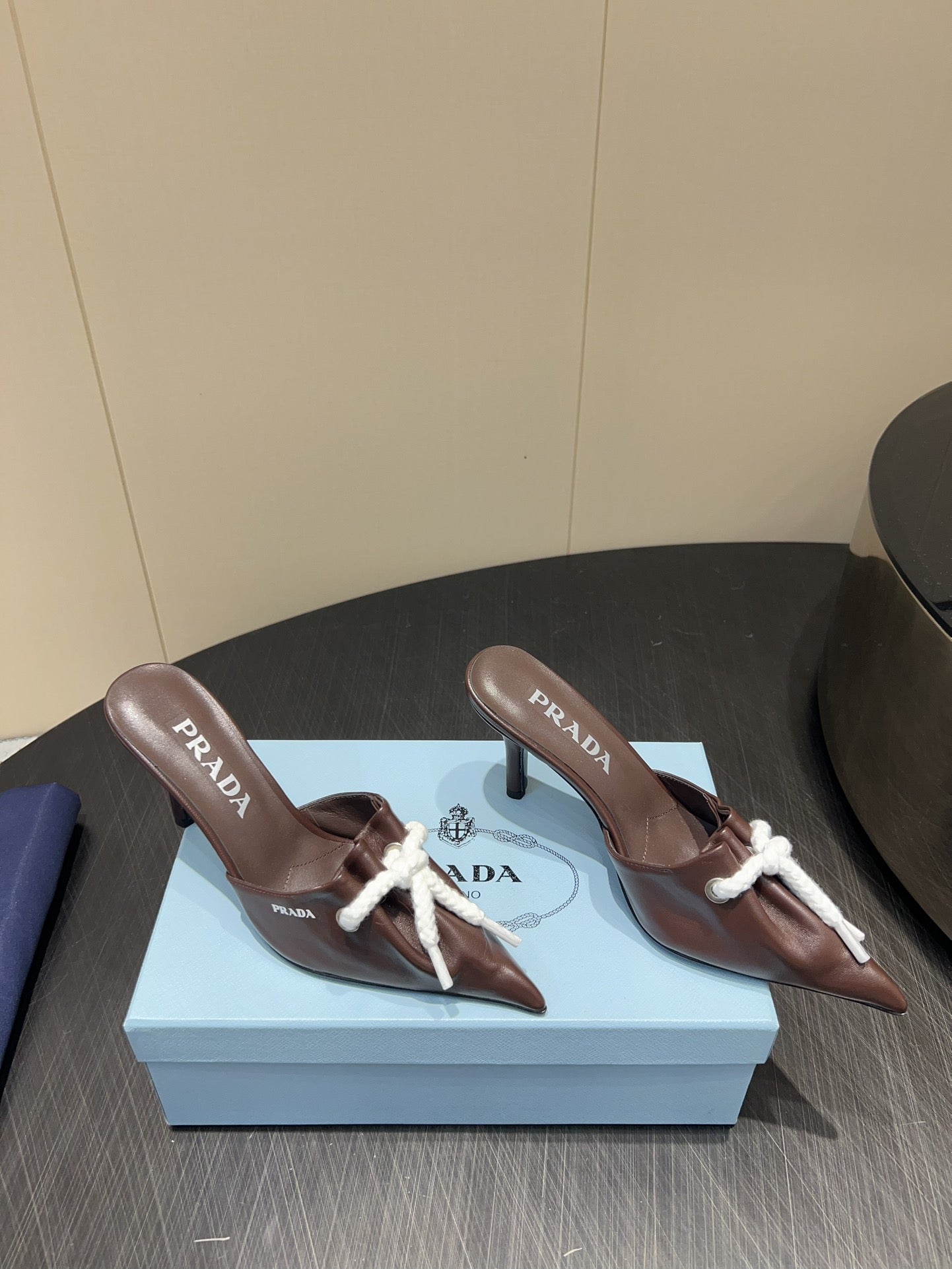 PRADA 25S BRAIDED DETAIL MULES 85MM IN DARK BROWN CALFSKIN