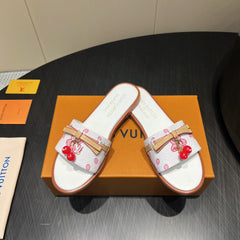 LV SLIDE SANDALS 25S IN WHITE CALFSKIN WITH CHERRY BLOSSOM BUCKLE