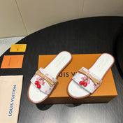 LV SLIDE SANDALS 25S IN WHITE CALFSKIN WITH CHERRY BLOSSOM BUCKLE