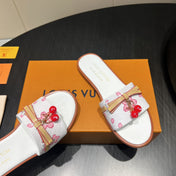 LV SLIDE SANDALS 25S IN WHITE CALFSKIN WITH CHERRY BLOSSOM BUCKLE