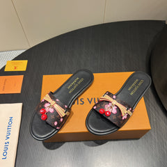 LV SLIDE SANDALS 25S IN DARK BROWN AND BLACK CALFSKIN WITH CHERRY BLOSSOM BUCKLE