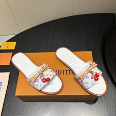 LV SLIDE SANDALS LOGO PRINT 25S IN WHITE CALFSKIN WITH CHERRY BLOSSOM BUCKLE
