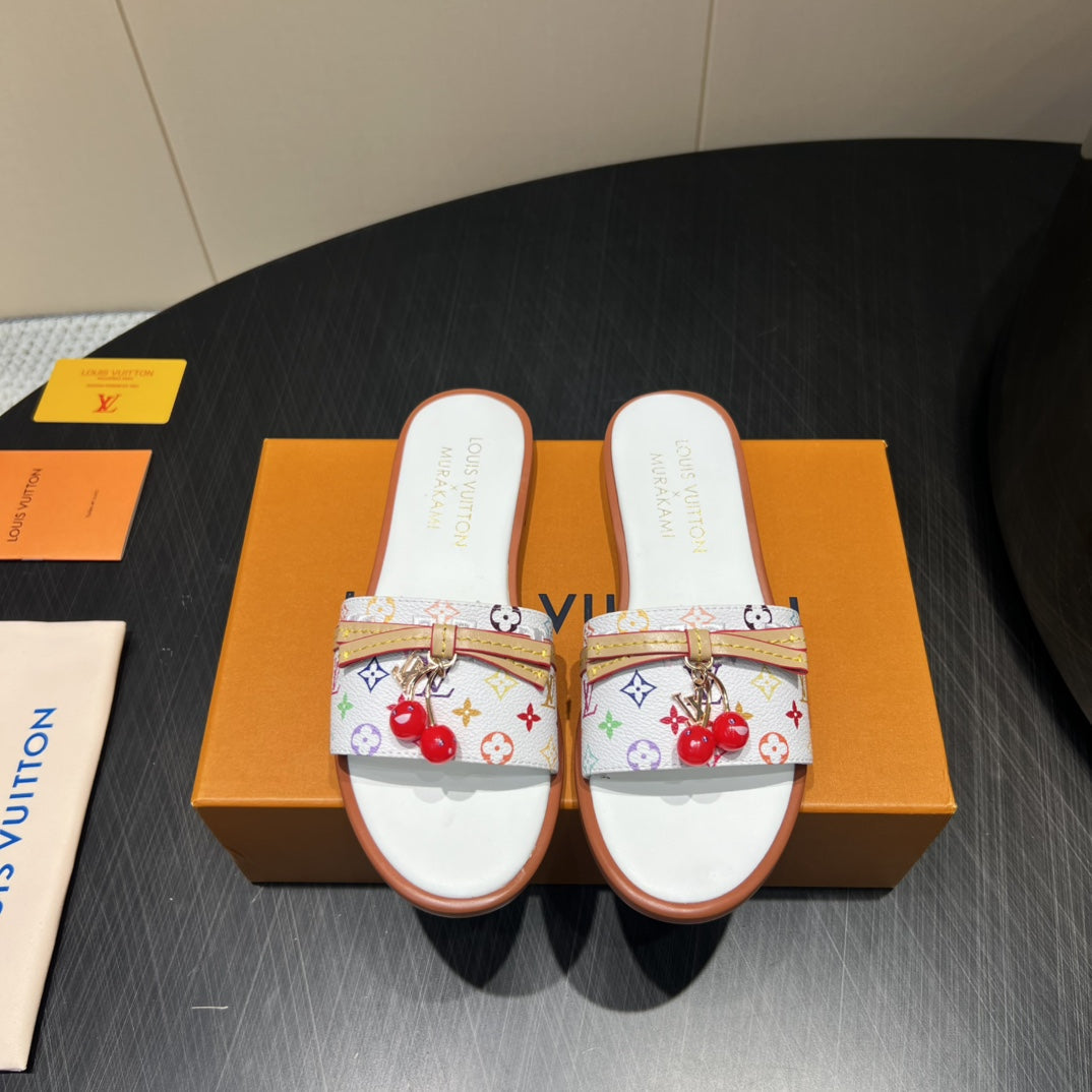 LV SLIDE SANDALS LOGO PRINT 25S IN WHITE CALFSKIN WITH CHERRY BLOSSOM BUCKLE