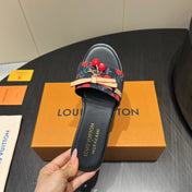 LV SLIDE SANDALS 25S IN BLACK DENIM AND CALFSKIN WITH CHERRY BLOSSOM BUCKLE