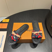 LV SLIDE SANDALS 25S IN BLACK DENIM AND CALFSKIN WITH CHERRY BLOSSOM BUCKLE