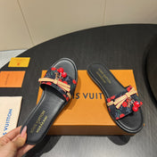 LV SLIDE SANDALS 25S IN BLACK DENIM AND CALFSKIN WITH CHERRY BLOSSOM BUCKLE