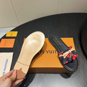 LV SLIDE SANDALS 25S IN BLACK DENIM AND CALFSKIN WITH CHERRY BLOSSOM BUCKLE