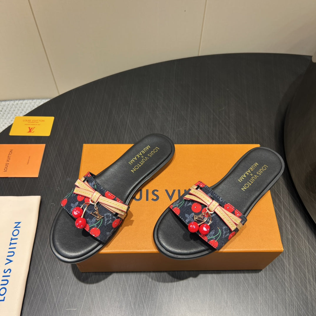 LV SLIDE SANDALS 25S IN BLACK DENIM AND CALFSKIN WITH CHERRY BLOSSOM BUCKLE