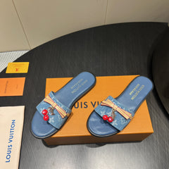 LV SLIDE SANDALS 25S IN BLUE DENIM AND CALFSKIN WITH CHERRY BLOSSOM BUCKLE
