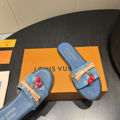 LV SLIDE SANDALS 25S IN BLUE DENIM AND CALFSKIN WITH CHERRY BLOSSOM BUCKLE