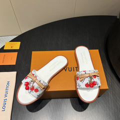 LV SLIDE SANDALS 25S IN WHITE DENIM AND CALFSKIN WITH CHERRY BLOSSOM BUCKLE