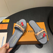LV SLIDE SANDALS 25S IN DARK GREY DENIM AND CALFSKIN WITH CHERRY BLOSSOM BUCKLE