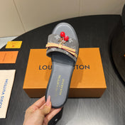 LV SLIDE SANDALS 25S IN DARK GREY DENIM AND CALFSKIN WITH CHERRY BLOSSOM BUCKLE