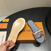 LV SLIDE SANDALS 25S IN DARK GREY DENIM AND CALFSKIN WITH CHERRY BLOSSOM BUCKLE
